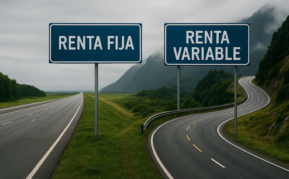 Dos señales de tráfico en una autopista indican "RENTA FIJA" y "RENTA VARIABLE"