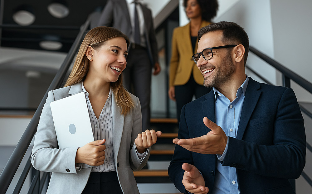 Cuatro personas en un entorno profesional descendiendo una escalera, con dos de ellas en primer plano conversando activamente mientras una sostiene un portátil. Esta escena refleja la importancia de la comunicación dentro de una organización, elementos clave en la implementación de una estrategia corporativa efectiva.