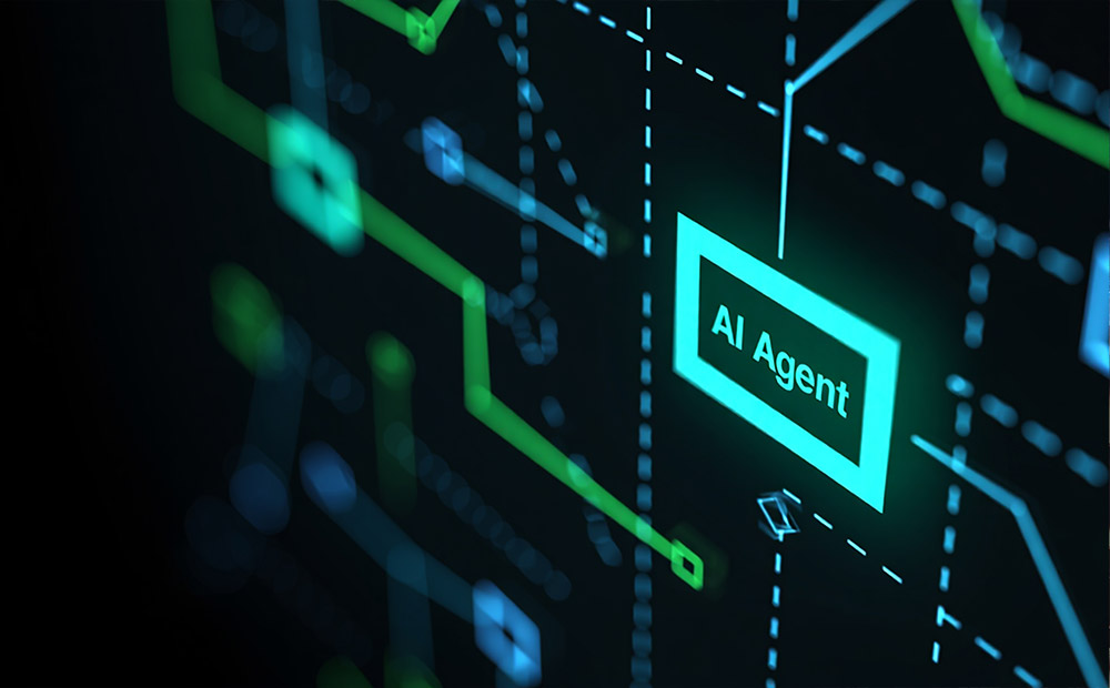 Vemos un diseño digital con nodos y líneas conectadas, destacando el texto “AI Agent”, que simboliza el papel clave de los agentes inteligentes en la evolución de la IA.