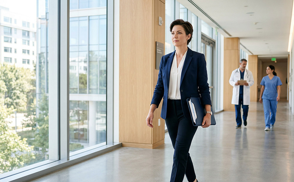 directiva caminando por un pasillo hospitalario moderno y luminoso, con profesionales sanitarios al fondo y un entorno clínico perfectamente organizado