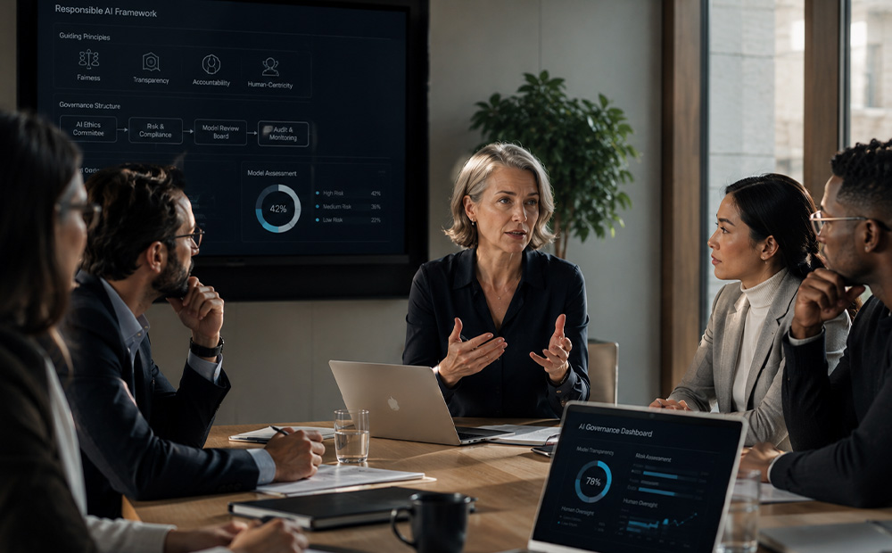 reunión ejecutiva en una sala de trabajo moderna, donde un equipo profesional analiza información estratégica en pantallas que muestran un “Responsible AI Framework” con principios como transparencia, equidad y responsabilidad, junto a dashboards de gobernanza y evaluación de riesgos