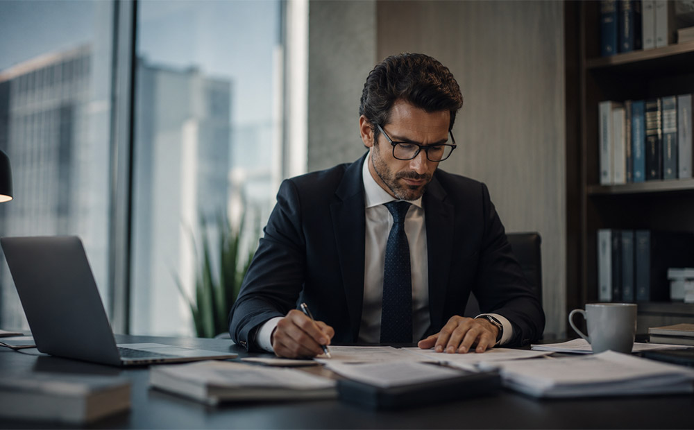 En la imagen se observa a un profesional jurídico revisando y firmando documentación en un entorno de despacho con libros legales y ordenador, rodeado de expedientes y contratos.