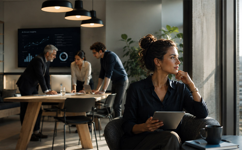 En la imagen se observa un entorno de trabajo moderno donde una profesional utiliza una tableta mientras, al fondo, un equipo colabora frente a una pantalla con gráficos y datos analíticos, reflejando un entorno empresarial impulsado por la tecnología.