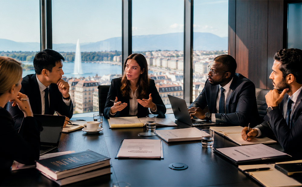La imagen muestra a un grupo de profesionales reunidos en una sala de juntas internacional, analizando documentación y debatiendo cuestiones estratégicas en un entorno empresarial global.
