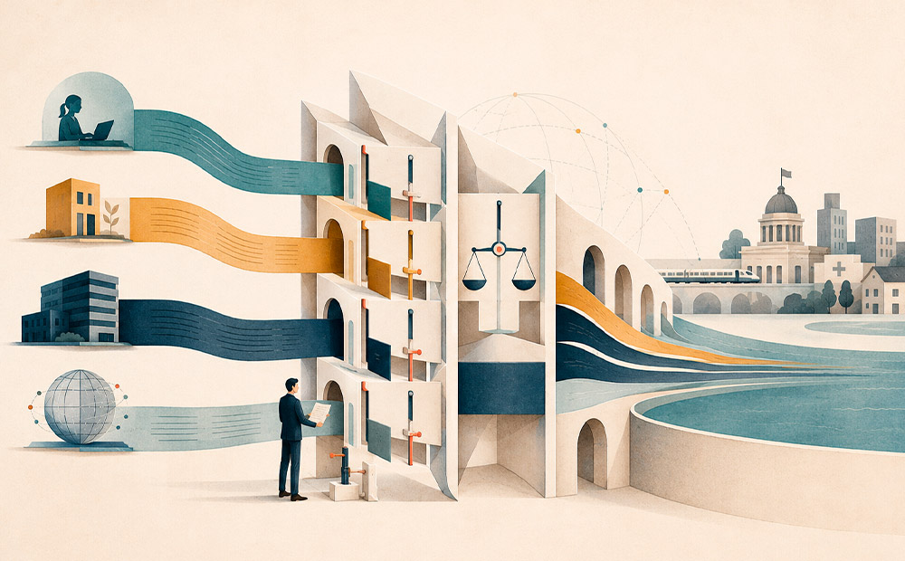 La ilustración representa un complejo sistema de canales que conectan personas, organizaciones, instituciones y mercados a través de una estructura central presidida por una balanza, símbolo de equilibrio y justicia.