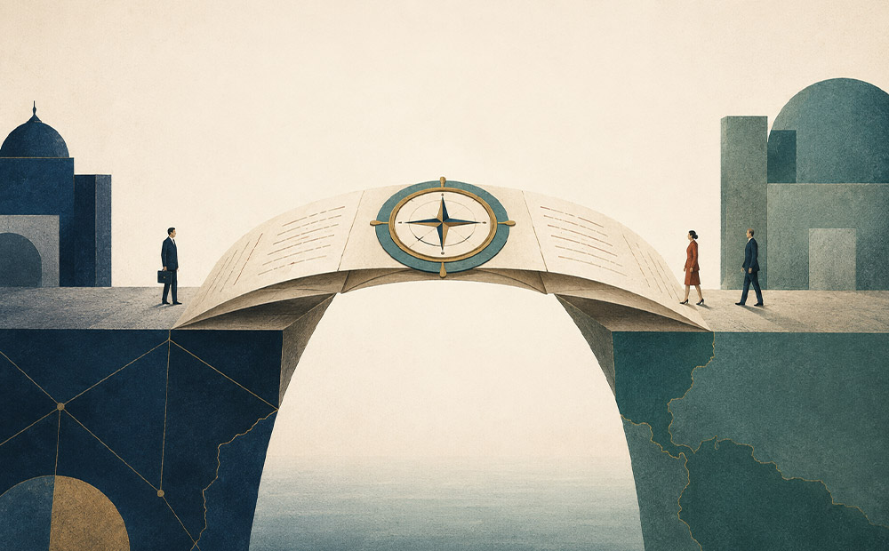 La ilustración representa un puente construido sobre un documento legal que conecta dos territorios separados, con una brújula situada en el centro como símbolo de orientación y equilibrio entre distintas jurisdicciones.