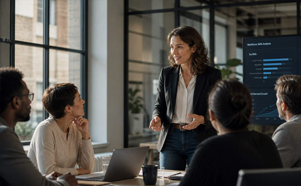 The image depicts a team meeting in a contemporary office, where a professional presents strategic insights supported by a screen showing skills analysis and AI impact metrics.