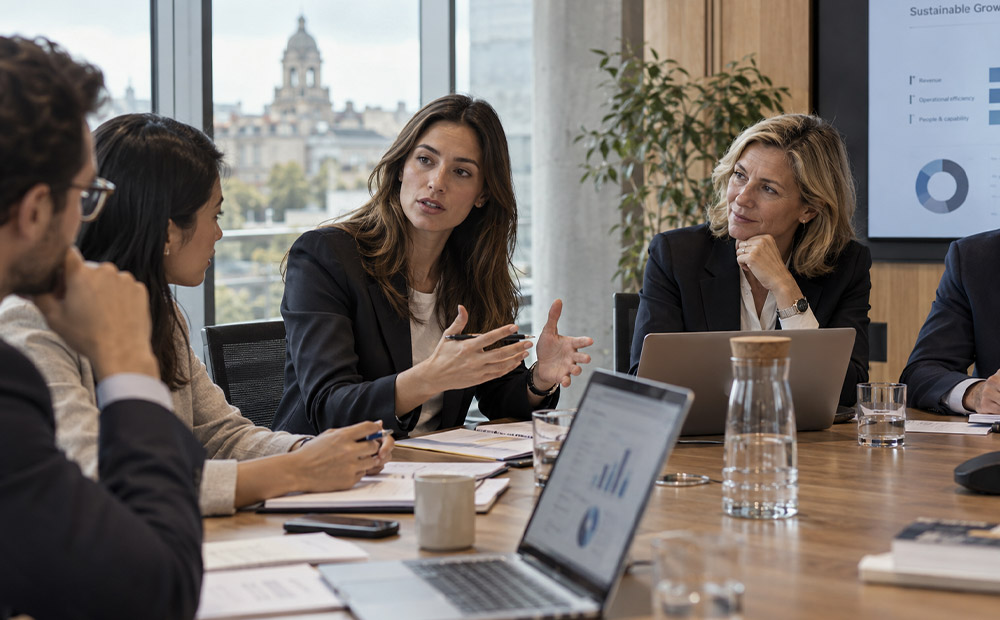 La imagen muestra una reunión corporativa en la que varias personas analizan información, intercambian ideas y participan en una conversación estratégica alrededor de una mesa de trabajo.