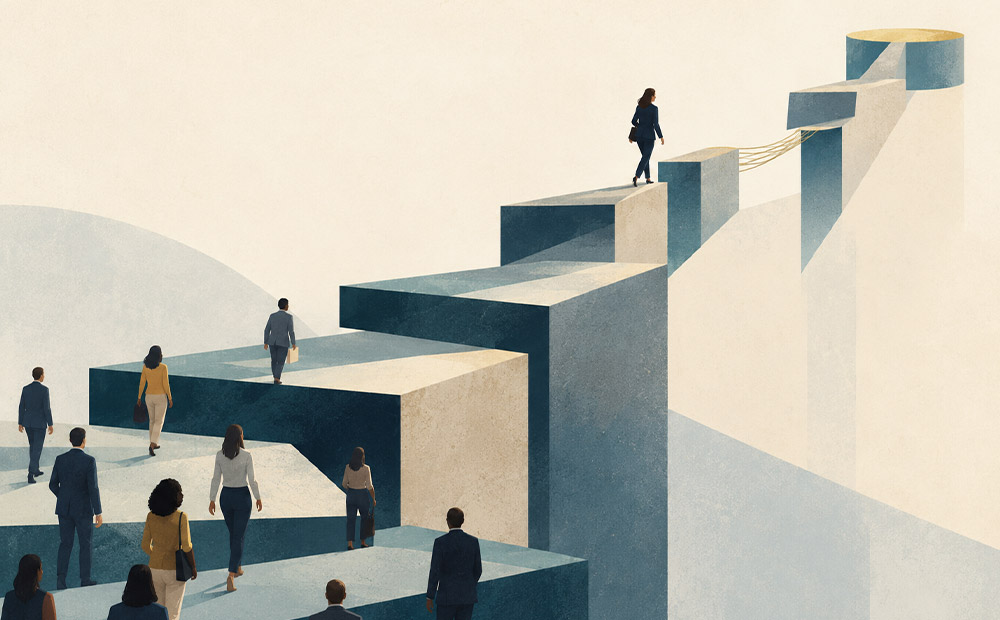 La ilustración representa a varias personas avanzando por una estructura escalonada que conduce hacia una posición elevada, mientras una figura situada en la parte superior simboliza el acceso a los niveles más altos de liderazgo.