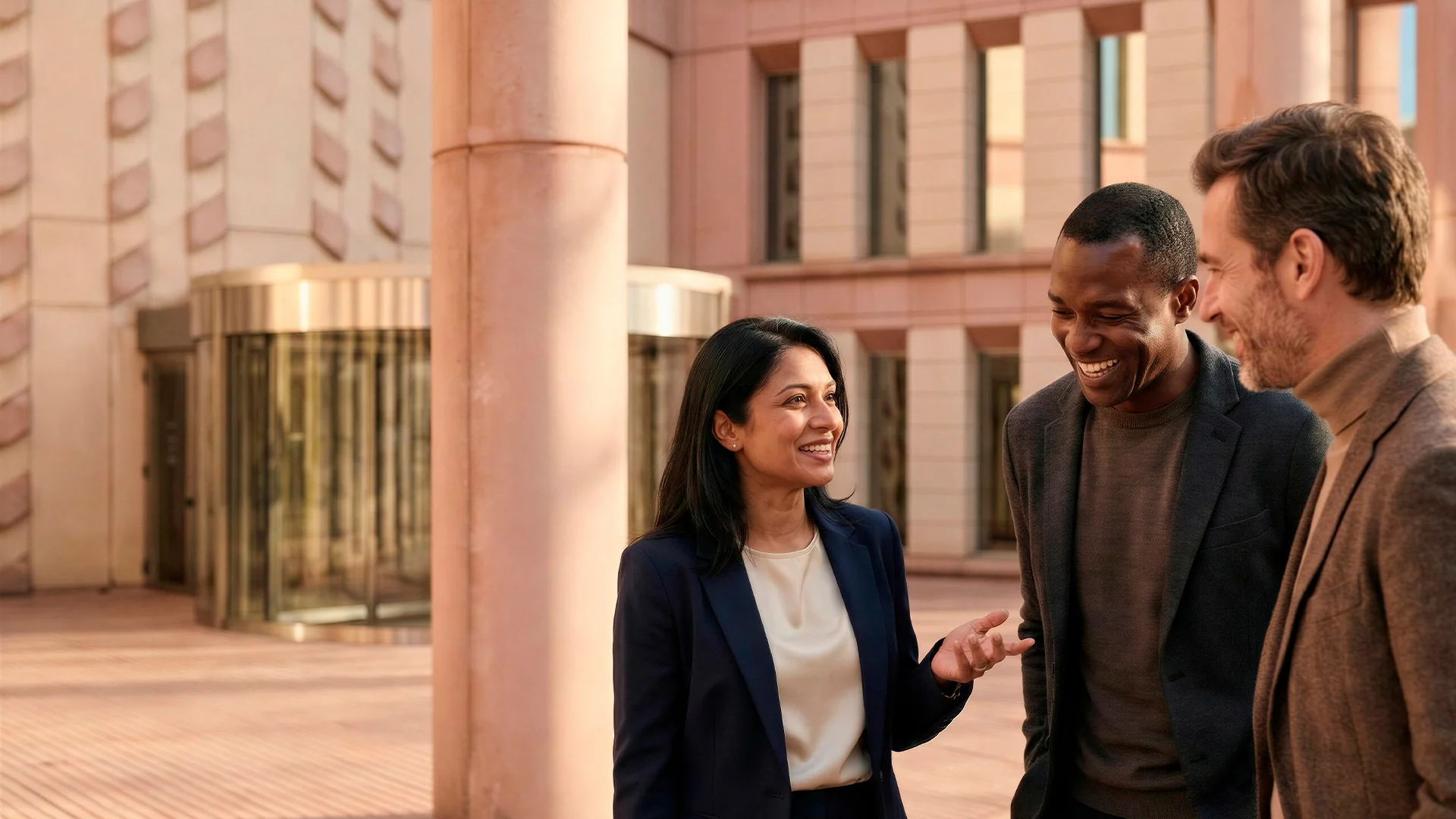 Un grupo de tres personas conversando y sonriendo frente a un edificio moderno con columnas y una puerta giratoria, en un ambiente urbano iluminado por luz cálida.