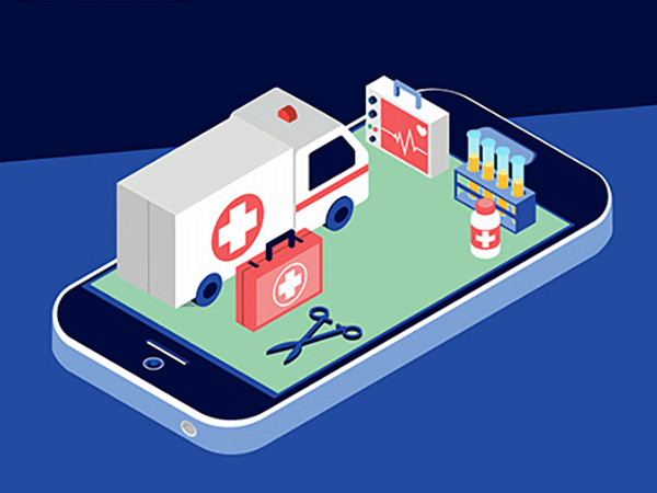 Miniatura del vídeo del evento. Una ilustración teléfono móvil del que salen una ambulancia y otros aparatos médicos.