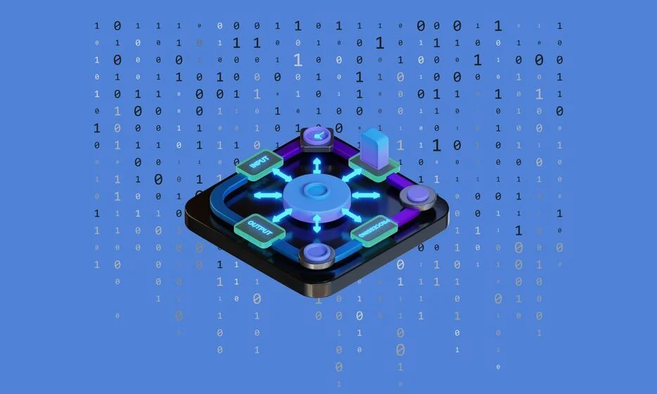 Il·lustració digital d'estil tecnològic sobre un fons blau. En tota l'escena apareixen dispersos nombres binaris (0 i 1), que cauen o suren verticalment, suggerint dades digitals o processament informàtic.