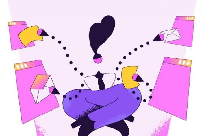 Ilustración de una mujer mandando correos y documentos