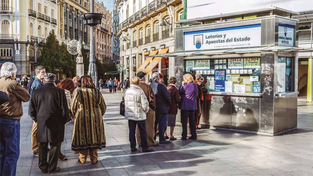 People queuing at a lottery kiosk