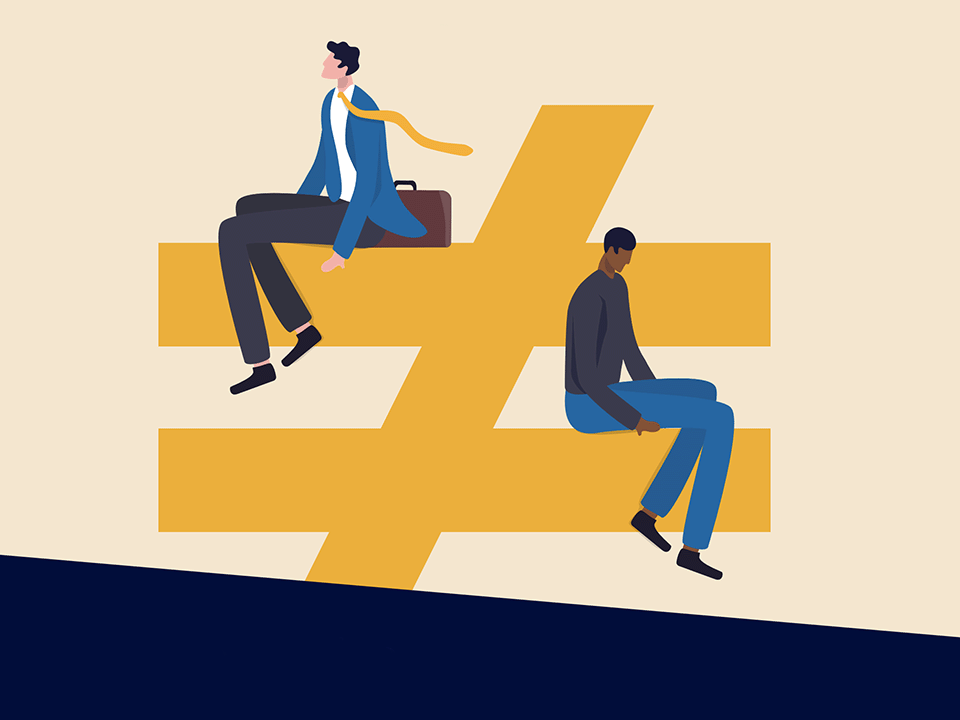 Vector illustration with two people sitting on an unequal sign