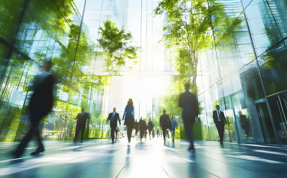 Ejecutivos caminando en un edificio sostenible, rodeados de naturaleza