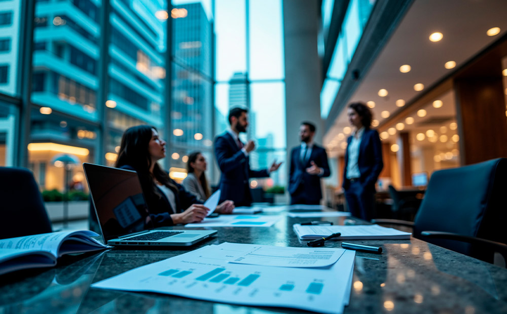 A group of business executives in a meeting room