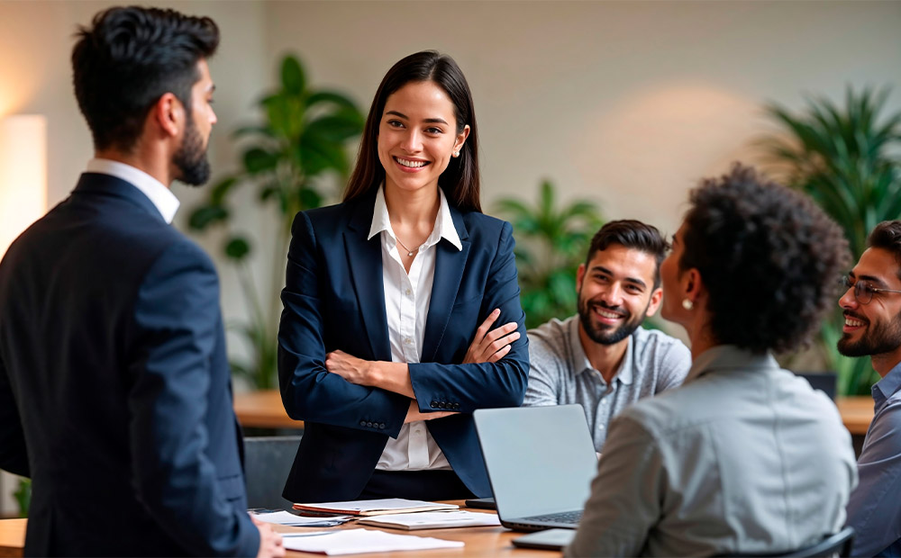 A group of people in a business meeting. A woman standing, wearing a dark blue suit and white shirt, smiles while talking with her colleagues seated around a table with laptops and documents. 