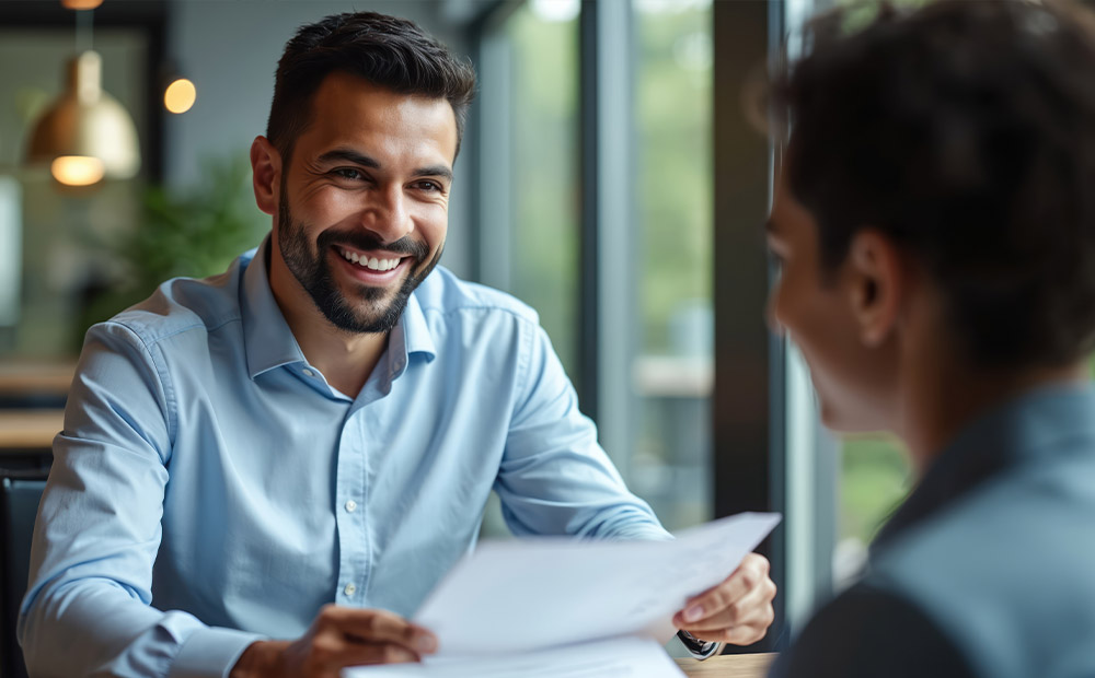 Dos personas reunidas en un entorno profesional, sentadas frente a frente mientras una de ellas sostiene un documento y parece estar explicando algo. Esta escena representa una situación típica de negociación, donde la comunicación clara, el lenguaje corporal y el uso estratégico de información son claves para alcanzar acuerdos efectivos.