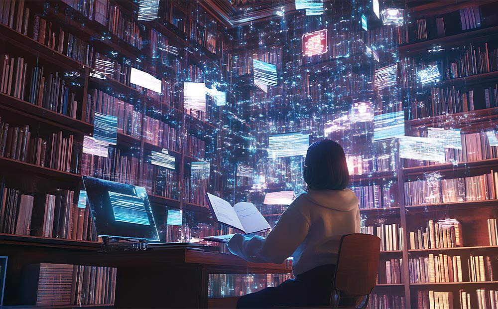 En un entorno de biblioteca tradicional, aparecen bloques de datos digitales flotando, simbolizando la integración entre información física y tecnología avanzada.