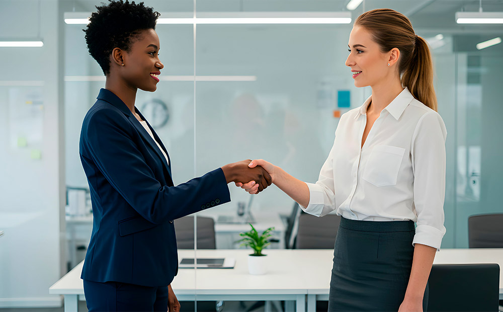 The image shows two professionally dressed individuals shaking hands in an office, symbolizing the successful closing of a negotiation. This gesture represents the culmination of a strategic process where skills such as empathy, persuasion, and effective communication play a crucial role.
