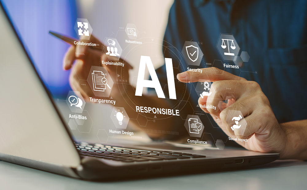 A person is using a laptop with an overlay of key concepts related to artificial intelligence. This visual representation emphasizes the importance of applying ethical principles in the use of AI within higher education, ensuring that innovative technologies not only enhance learning but also uphold core values such as reliability, inclusion, and regulatory compliance.