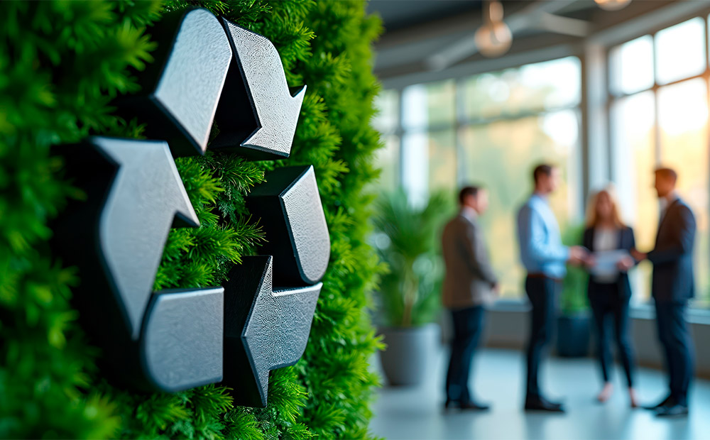 Se ve un gran símbolo de reciclaje integrado en una pared verde, rodeado de plantas, en un espacio corporativo moderno donde varias personas conversan al fondo.